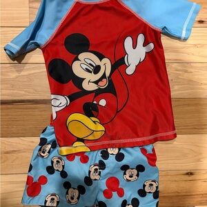 Disney Mickey Mouse Kids swim suit and Rashguard Set - Red and Light Blue